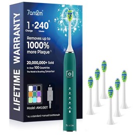 7AM2M Cepillo de dientes eléctrico ultrasónico con 6 cabezales de cepillo para adultos y niños, una carga para 120 días, carga USB-C, verde pavo real