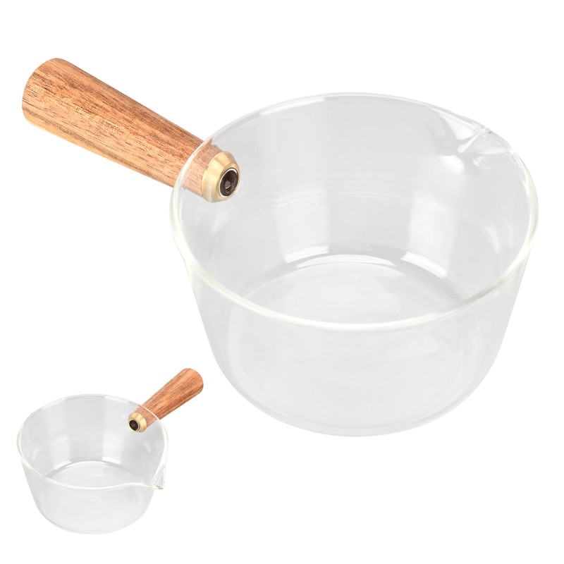 Glass Milk Pot with Wooden Handle V Shaped Spout Noodles