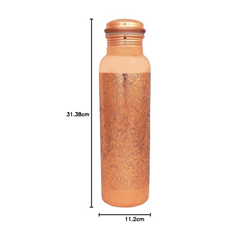 Tambra Pure Copper Jointless Vintage Water Bottle - 950ML, CARVING,