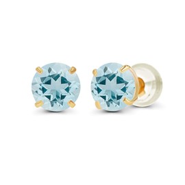 14K Solid Yellow Gold 4mm Round Natural Aquamarine March Birthstone Prong Set Stud Earrings For Women