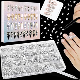 Dowarm 6000PCS Crystal Clear Nail Rhinestones, 16 Types of 800PCS Special-Shaped Diamonds+5200PCS Flatback Rhinestones, 3D Crystal Glass Gemstones for Nail Crafts Decoration, White Gem Stones Charm