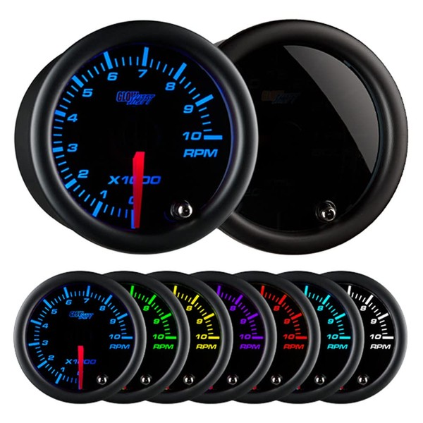 GlowShift Tinted 7 Color 10,000 RPM Tachometer Gauge - for 1-10 Cylinder Gas Powered Engines - Black Dial - Smoked Lens - 2-1/16" 52mm