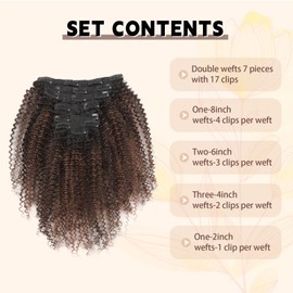 KIMSMTED 3C 4A Kinky Curly Clip-in Human Hair Extensions, Double Weft, Full Head, Natural Black to Light Auburn, 18 Inch, 120 Gram, 7 Pcs