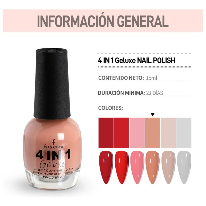 4 En 1 Esmalte De Uñas Geluxe 15ml, Acabado Profesional