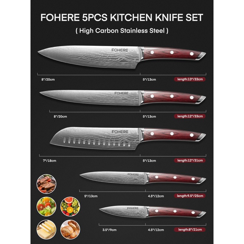 FOHERE Kitchen Knife Set with Ergonomic Red Pakkawood Handle, 5