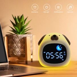 SunshineFace Kids Alarm Clock, Cute Dog Shape Alarm Clock with Touch Night Light in 8 Colors 6 White Sounds Sleep Trainer Digital Alarm Clock for Bedroom Girls Boys