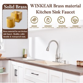 WINKEAR Brass Kitchen Faucet with Pull Down Sprayer, 3 Sprayer Modes High Arc Kitchen Sink Faucet, Roman High Arc, 3 Or 1 Hole with Deck Plate, Easy Install Pre-Install Supply Hose, Brushed Gold