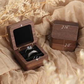 Wooden Engagement Ring Box With 2 Slots, Square Wedding Holder for Proposal, Ceremony (Black Inner Without Window)