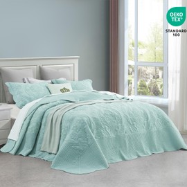 CHIXIN Oversized King Bedspread 128x120 Extra Wide - Lightweight Bedding Cover - Beautiful Stitching - 4 Piece Reversible Bedspread - Gorgeous Damask Paisley Pattern (King/Cal King, Seaglass)