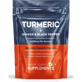 Turmeric Tablets 2400mg with Black Pepper & Ginger | 180 High Strength Curcumin Supplements | Turmeric and Black Pepper Tablets (Not Turmeric Capsules or Powder) | Vegan and Gluten Free | UK Made