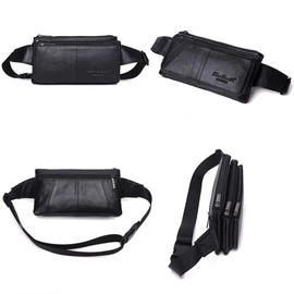KPYWZER Vintage Leather Waist Bag Fanny Pack for Men&Women Hip Bum Bag with Adjustable Strap for Outdoors Workout Traveling Casual Running Hiking Cycling, 002-Black, 23cm(L)x6cm(D)x12cm(H)