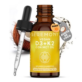 SEREMONY - Vitamina D3 + K2 Con MCT Oil - Aceite de Coco Orgánico - 30 ml - Líquido en Gotas - 600 Porciones - Sin Azúcar - Sabor Naranja - Plant Based