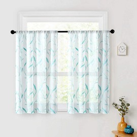 MRTREES Sheer Tier Curtains Rod Pocket, Voile Sheer Window Curtains, Leaves Embroidered Bedroom Window Drapes Treatment for Bathroom/Living Room(2 Panels, 30x36 Inches, Aqua Blue Wheat Spike)