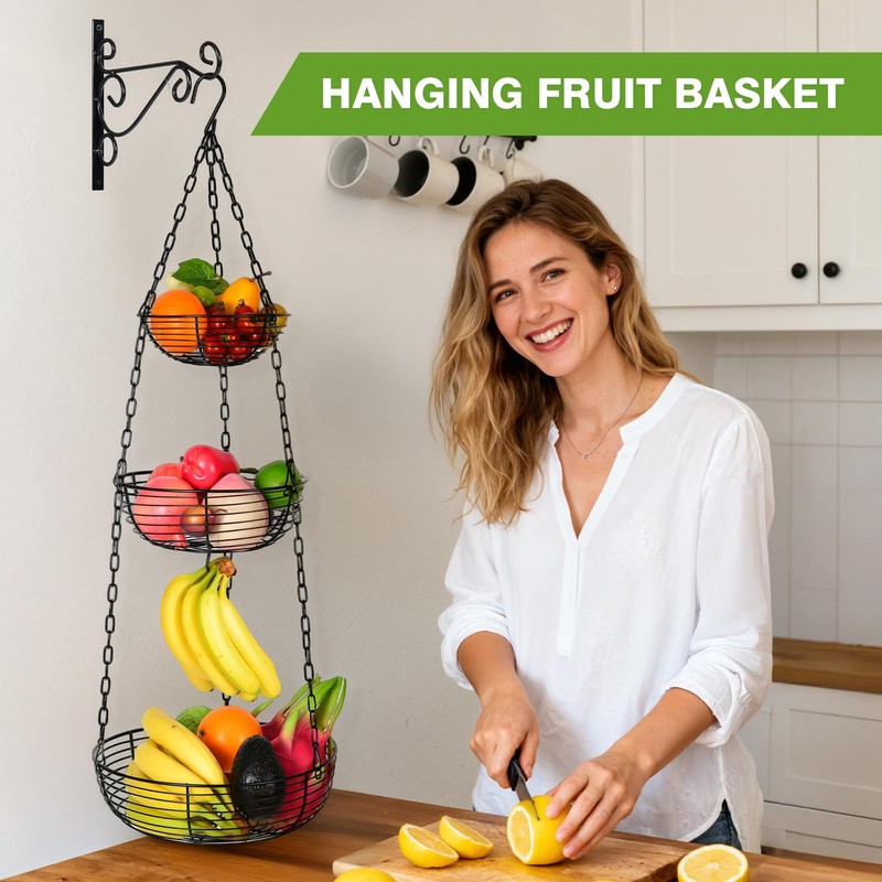 HULISEN 3 Tier Hanging Fruit Basket with Banana Hook, 36-Inch