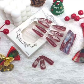 Christmas Fake Nails Medium Almond Press on Nails Xmas Snowflakes Acrylic Nail Red Glitter False Nails Winter Christmas Tree Stick on Nail Reusable Glue on Nails for Women DIY Manicure Salon 24Pcs