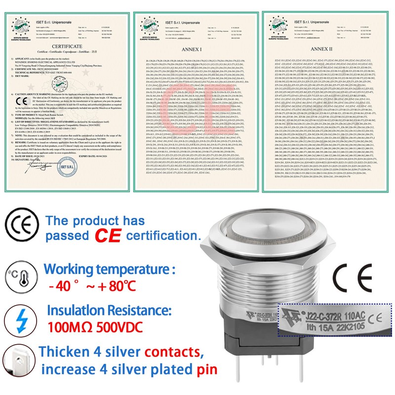 22mm Push Button Switch 15A 110V/120V Momentary 2NO DPST Angel