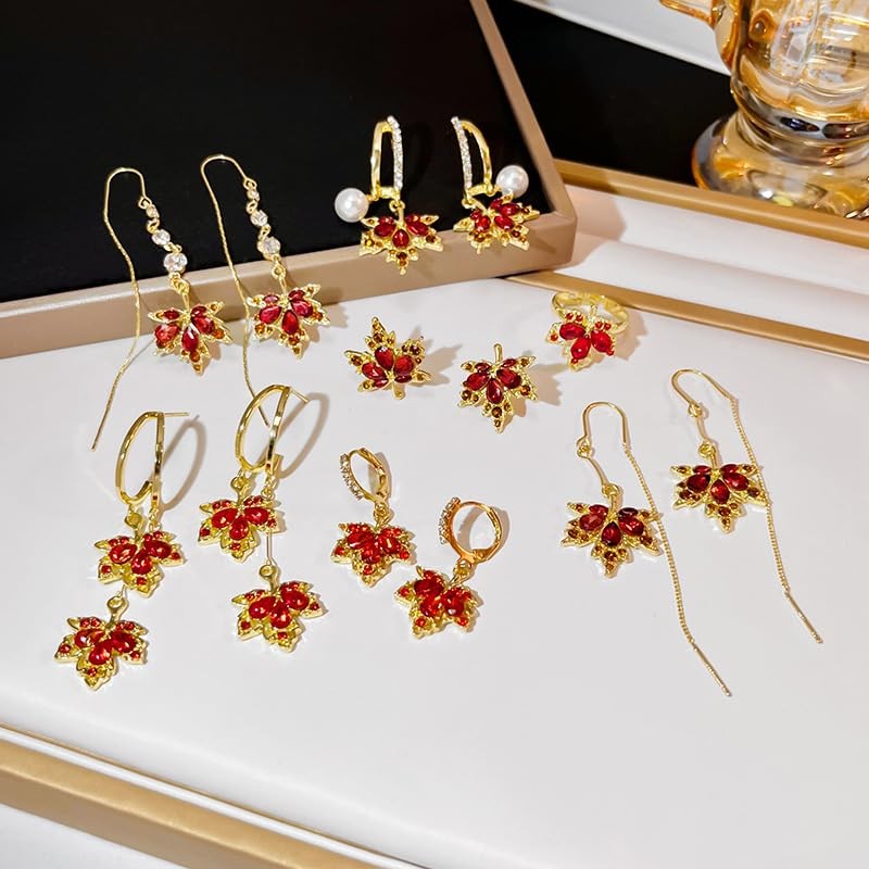 Fall Maple Leaf Earrings,Thanksgiving Fall Earrings Hoops Red Rhinestone Maple