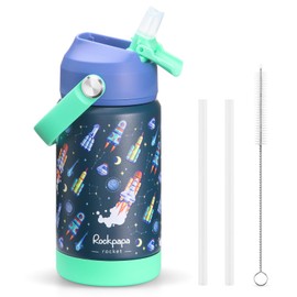 rockpapa Kids Insulated Water Bottle with Straw, BPA-Free, 18/8 Stainless Steel, Leak Proof, 14OZ Metal Cup Water Bottle for School Boys Girls (Blue Rocket)
