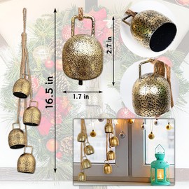 Christmas Bells Hanging Decorations, 4 PCS Gold Bells Metal Vintage Bells with Hanging Rope, Rustic Lucky Xmas Bells for Christmas Trees, Wreaths, Doors, Windows, Home Holiday Decor