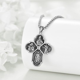 VONALA Saint Christopher Necklace 925 Sterling Silver Four Way Cross Prayer Pendant Religious Vintage Jewellery for Men