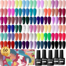 JODSONE JODSONE 60 PCS Gel Nail Polish Starter Kit 55 Color Combination of Light and Dark Colors Emerald Green Klein Blue Soak off No Wipe Base Coat Matte and Glossy Top Coat Nail Gel Kit