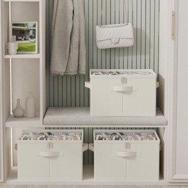 GUOHNHE Shoe Storage Bins, 2 Pack Closet Organizers System with Clear Cover and Reinforced Handles, Fits 16-32 Pairs, Foldable Clothes Basket, 21 x 16.5 x 13 In, Beige, XSNX01BEL-2