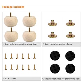 Crawopft 2 Inch Wooden Furniture Legs, Set of 4 Replacement Solid Wood Unfinished Round Furniture Bun Feet for Couch Chair Sofa Dresser Desk Table Cabinet Bed Bookcase (2inch)