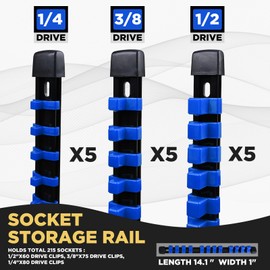 EGOFIX Socket Organizer Set 15PCS ABS Holder Kit - 1/4-Inch x 80, 3/8-Inch x 75, 1/2-Inch x 60 Clips, Drive Tray, Rail - Blue