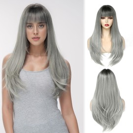 Yamel Wigs with Fringe Ombre Grey Long Hair 24 Inch Adjustable Cosplay or Daily Natural Straight Hair Wigs for Women Lady