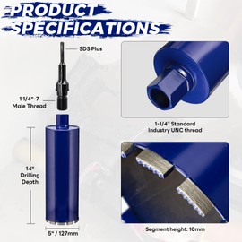 DaduoRi 5" Pro Concrete Core Drill Bit with SDS Plus Adapter (1-1/4"-7 Thread) - 14" Cutting Depth & Upgraded Welded Teeth Core Bits for Concrete with Rebar, Brick, Masonry,Stucco,Mortar,Wet Coring