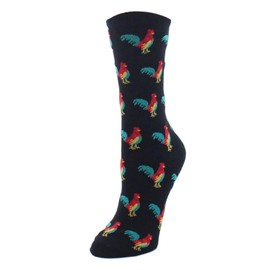 MeMoi Early Bird Rooster Rayon Blend Crew Novelty Socks Black 9-11