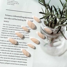 SINLOV Almond False Nails Glitter Press on Nails Nude Long Acrylic Art Full Cover Fake Nails Pink Gradient French Fake Nails for Women and Girls