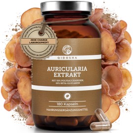 QIDOSHA® Auricularia 40:1 Extract Capsules, 180 Pieces in Pharmacist Glass, High-Purity Auricularia Extract with 500 mg per Capsule, of which 50% Mushroom Polysaccharides, 20% Beta-Glucans, Judas Ear