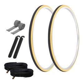 PRO+ Pair of Bike Bicycle TIRE 700 X 25 Black/Yellow SIDEWALL (2) Tires W/Tubes 33MM Schrader Valve, Rim Strips & TIRE LEVERS P-1035