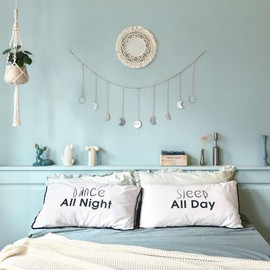 Mkono Moon Phase Wall Hanging Boho Aesthetic Room Decor Metal Moons Garland Hanging Art Bohemian Home Decoration for Girls Room Nursery Bedroom Livingroom Dorm, Ideal Gift, Silver, 50"