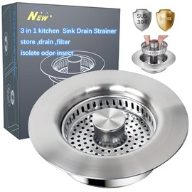 Sink Drain Strainer - Sink Stopper for Kitchen Drain,3 in 1 Kitchen Sink Drain Strainer with Anti Clogging Basket, Easy to Install Kitchen Sink Stopper for US Standard 3-1/2” Drain Hole
