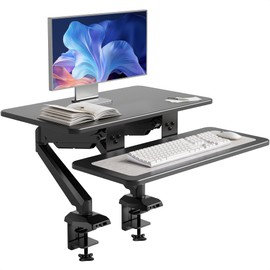 Claiks 24-Inch Sit-Stand Workstation，Innovative Space-Saving Height-Adjustable Ergonomic Desk Converter with Wide Keyboard Tray，Dual Fixation and Flexible Rotation Function, Black