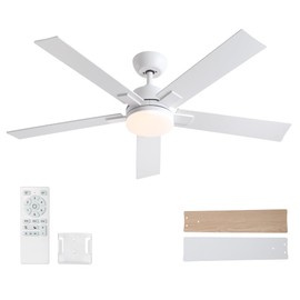 Rayqueen 52 Inch Ceiling Fans with Lights and Remote,White Ceiling Fan with 5 Dual Sided Blades,Downrod,6 Speed Reversible DC Motor,3CCT Dimmable LED,Modern Design For Indoor or Covered Outdoor