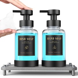Luxspire Foaming Soap Dispenser, Non-Slip Hand Soap Dispenser with Fast Drying Tray, 15oz Glass Refillable Liquid Bottle for Bathroom & Kitchen, 2 Pack, Transparent + Dark Gray