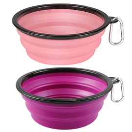 Kytely Large Collapsible Dog Bowls 2 Pack, 34oz Foldable Dog Travel Bowl, Portable Pet Water Food Bowl with Clasp, Pet Cat Feeding Cup Dish for Traveling, Walking, Hiking (Pink+Purple)