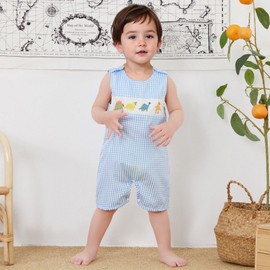PUHHAPIEY Baby Boy Summer Clothes Sleeveless Embroidery Dinosaur Striped Retro Romper Jumpsuit Smocked Shortall (Dinosaur Blue, 12-18 Months)