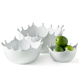 Fruit Bowl for Kitchen Countertop Ceramic Fruit Bowl for Table Countertop Handmade Decorative Centerpiece Set for Home Kitchen Decor White Large Stackable Serving Bowl Set of 3