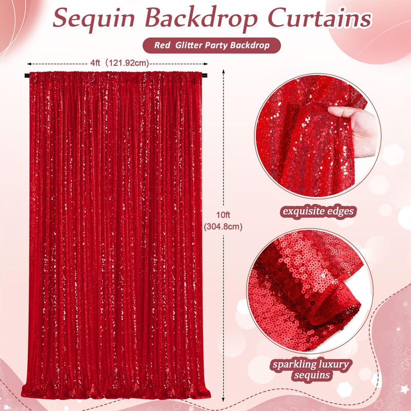 Red Backdrop 4ftx10ft Glitter Fabric Photography Background Curtain for Wedding