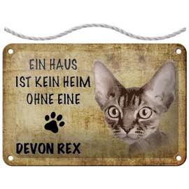 Tin Sign with Cord 18 x 12 cm "Ein Haus ist kein Heim ohne eine Devon Rex Katz" [German Language] Blechemma