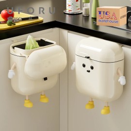 UFORU US Stock Creative Cute Hanging Dustbin Design Plastic Kitchen Trash Can with Lid Wall Mounted Waste Bincapacity: 12L, color: Beige