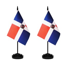 Dominica Dominican Deluxe Desk Flag Set Small Mini Miniature Dominica Dominican Table Desktop Flags With Solid Pole, Black Base and Spear Top(2 Pack)