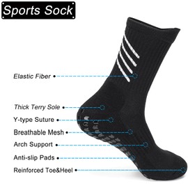 Gogogoal Non-slip Football Socks Men Women Grip Soccer Sock Cuhioned Breathable Cotton Anti-slip Athletic Sock Running Rugby Tennis Gym Black L 3P