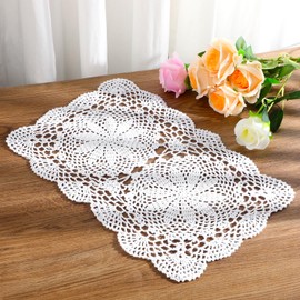 2 PCS Dollies for Tables Handmade Cotton Crochet Doilies White Table Mats Rectangle Lace Placemats Dresser Scarves 17.7×11.8 Inch