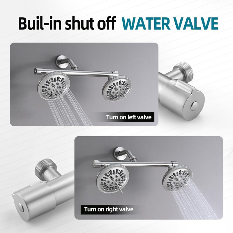 Chomley Double Shower Head with Built-in 2 Shut Off Valve,