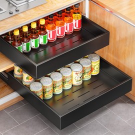 2Pack Pull out Cabinet Organizer, 21"Deep, 20"Wide Full-extension Heavy Duty Slide out Drawers Fixed with Adhesive Nano, Roll Out Shelves Sliding Cabinet for Kitchen,Bathroom,Pantry,Under Sink(Black)